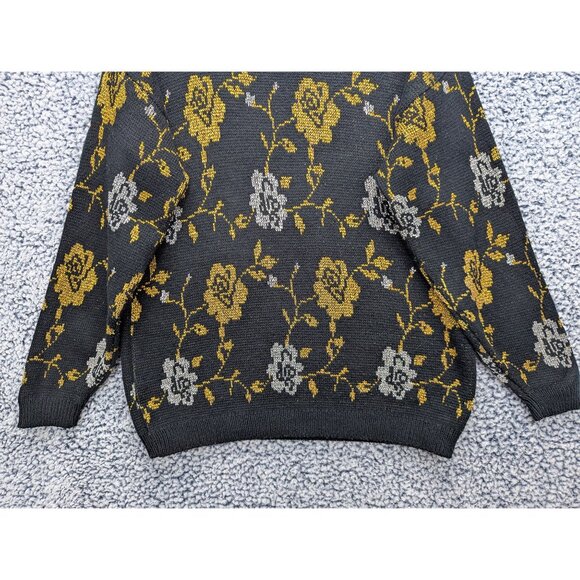 VTG Margules Floral Sweater Size Medium Metallic Knit Cottagecore 90s Black Gold - Picture 6 of 10